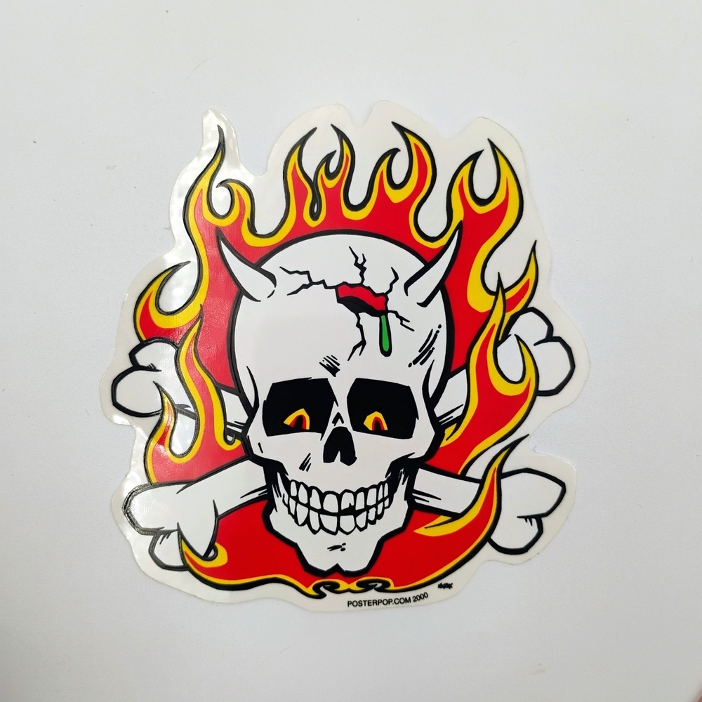 Kozik Poster Pop 2000 Flaming Horned Devil Skull Crossbones Sticker Decal VTG